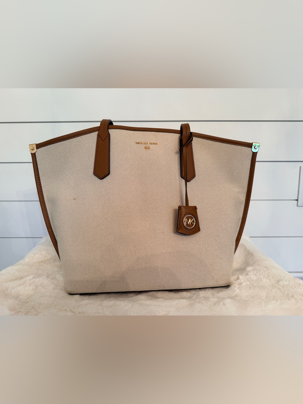 Michael Kors Cream Canvas Tote with Brown Leather Trim